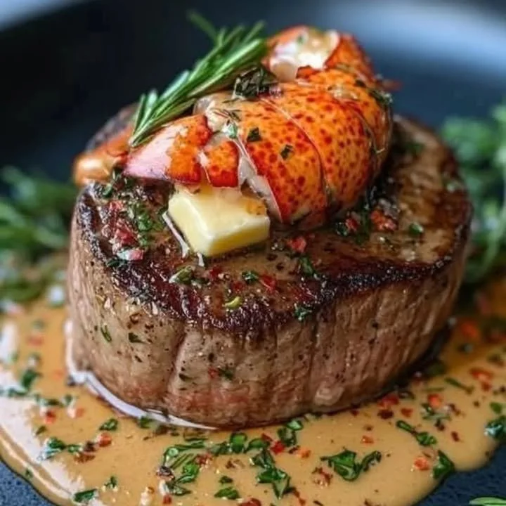 Surf & Turf filet mignon served with lobster, a gourmet dish experience.