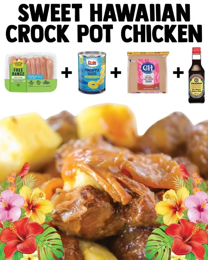 Sweet Hawaiian crock pot chicken served on a plate with tropical garnish