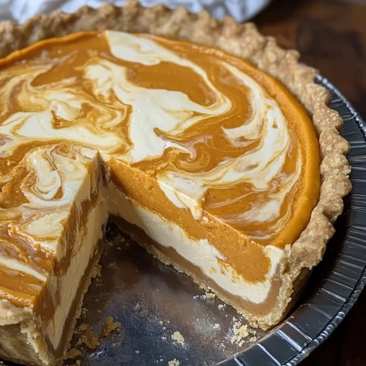 Delicious sweet potato cheesecake pie topped with whipped cream and spices.
