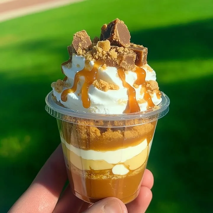 Sweet Potato Cookie Butter Caramel Cheesecake Cups served in clear dessert cups