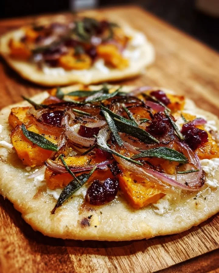 Sweet potato flatbread topped with sage, caramelized onions, and cranberry sauce