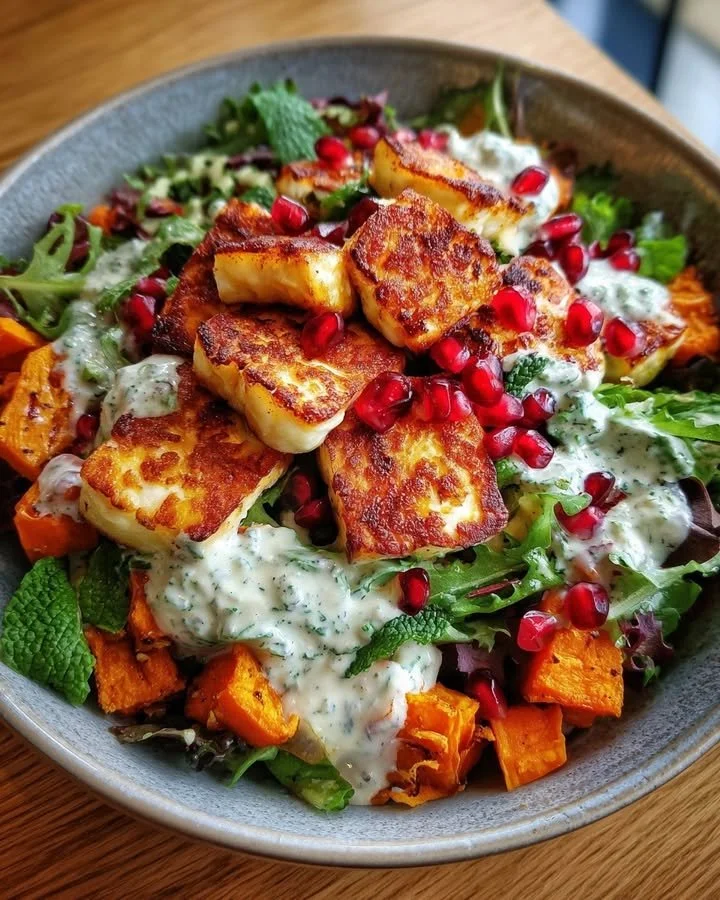 Sweet Potato Salad with Halloumi, Pomegranate, and Mint Yogurt Dressing