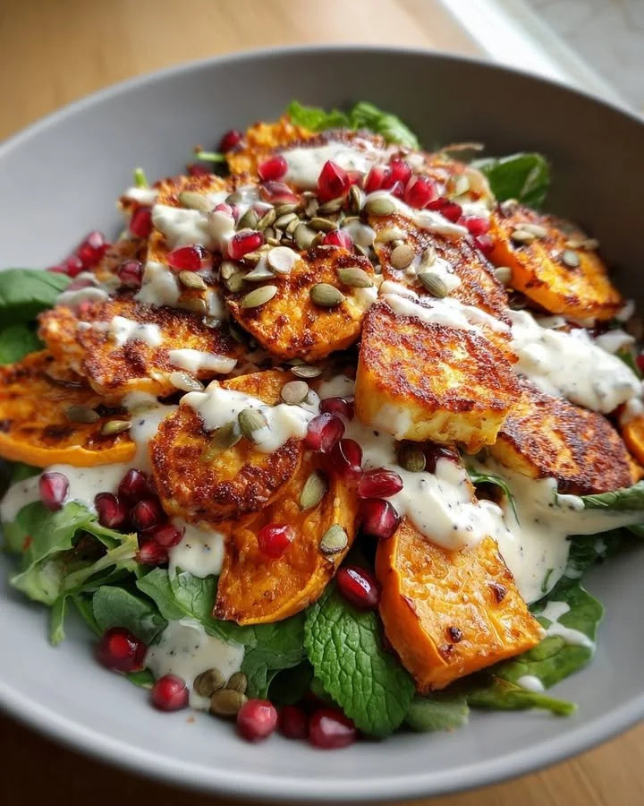 Sweet potato salad with halloumi, pomegranate, and mint yogurt dressing