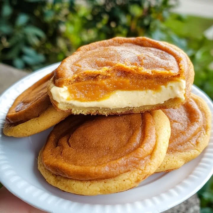 Sweet Potato Pie Cheesecake Cookies on a plate, showcasing their delicious texture and creamy appearance.