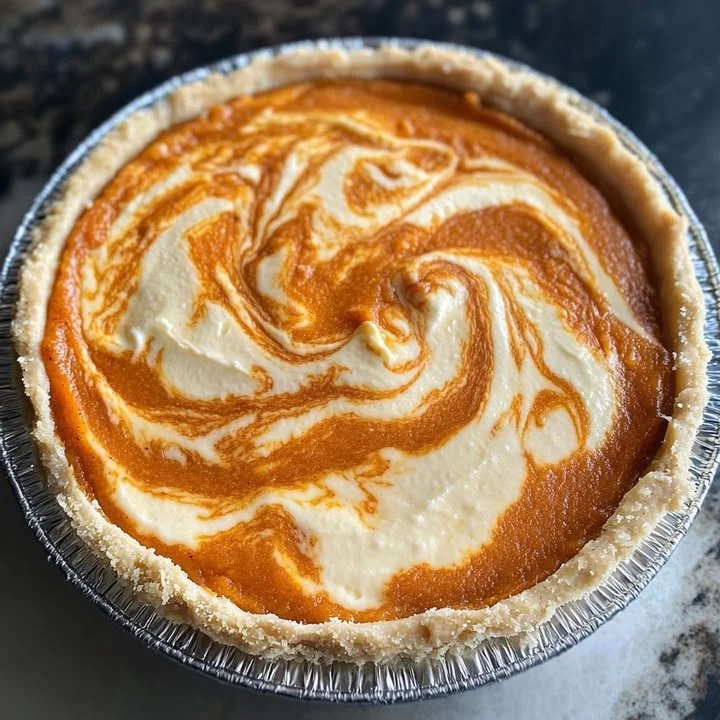 Delicious sweet potato pie swirled cheesecake dessert on a plate.