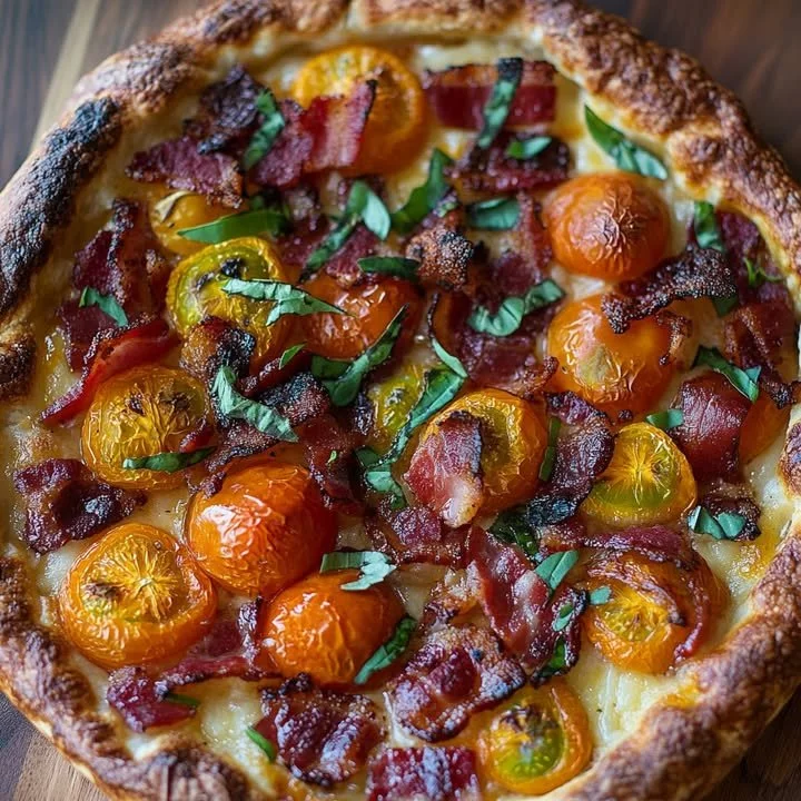 Smoky bacon pie with sweet tomatoes, a savory culinary delight.