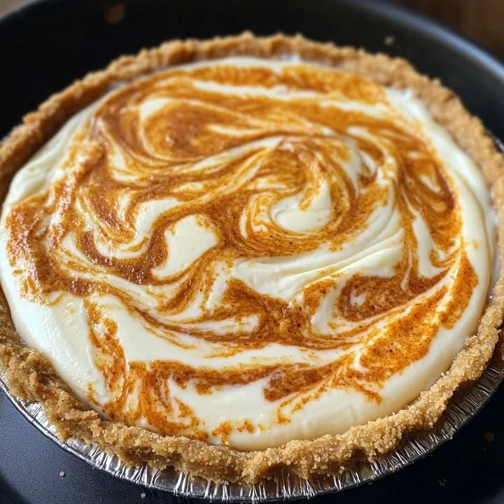 Swirl Pumpkin Cheesecake Pie topped with whipped cream and a swirl design