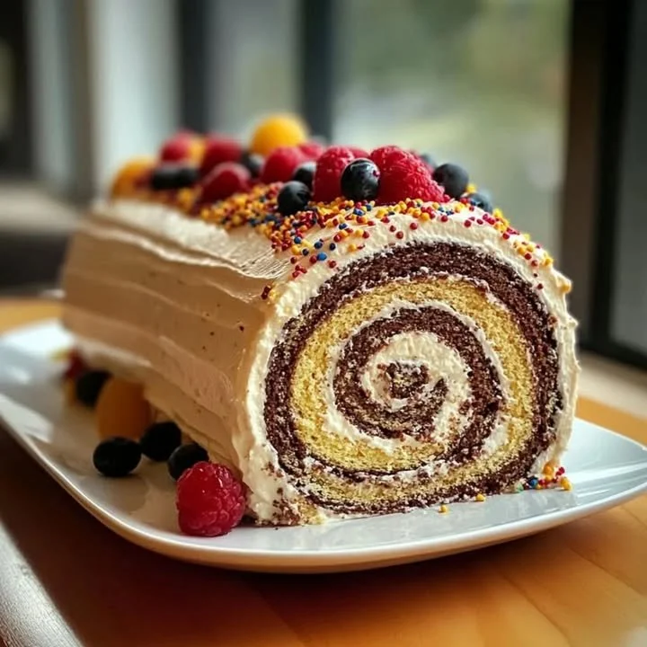 Delicious Swiss Roll Cake filled with cream and sliced on a plate