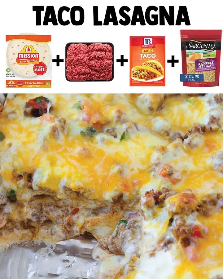 Delicious Taco Lasagna with layers of seasoned meat, cheese, and tortillas