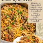 Delicious Taco Spaghetti in a bowl, topped with cheese and fresh herbs