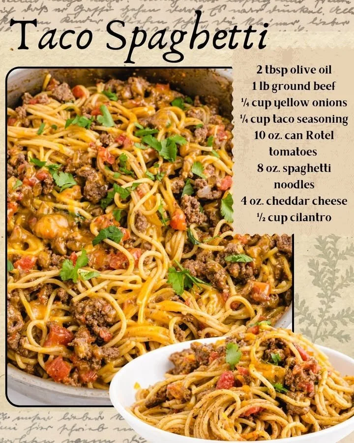 Delicious Taco Spaghetti in a bowl, topped with cheese and fresh herbs