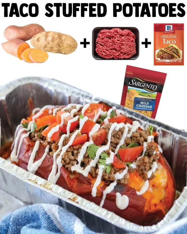 Taco stuffed potatoes topped with cheese and salsa