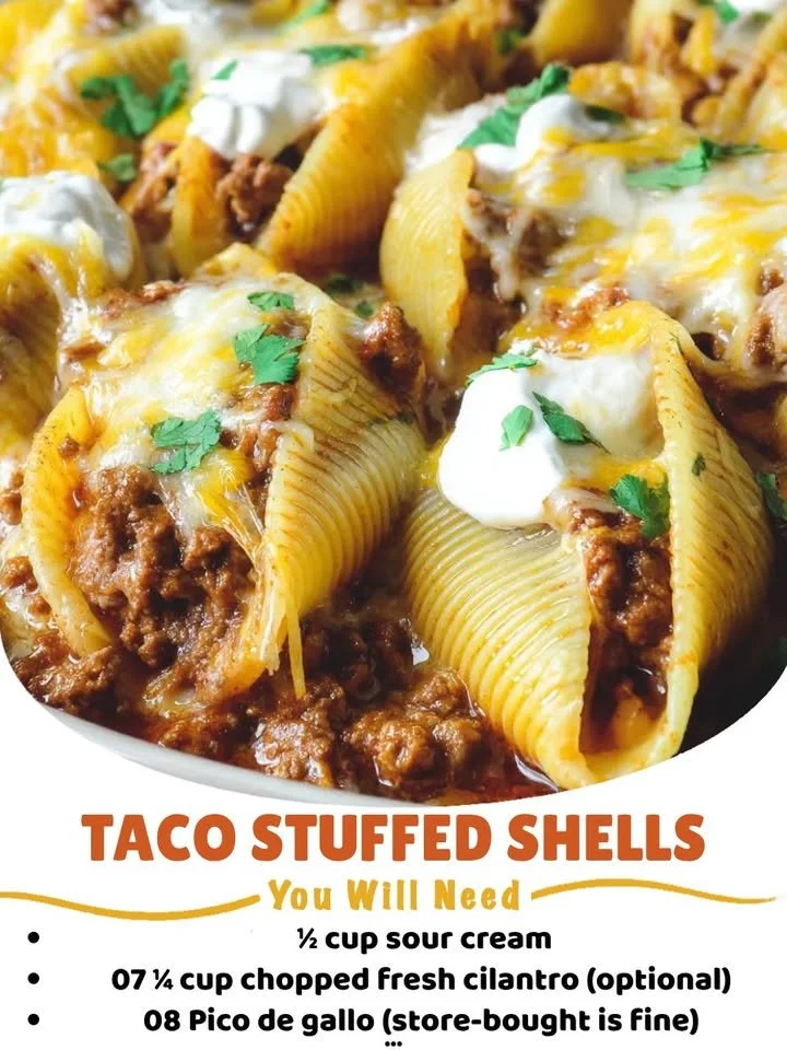 Baked taco stuffed shells filled with seasoned beef and cheese