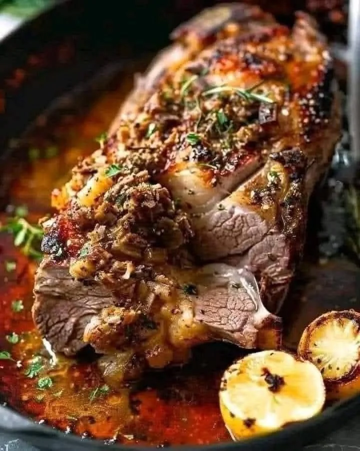 Delicious herb-infused lamb shoulder roast with fresh herbs and seasoning