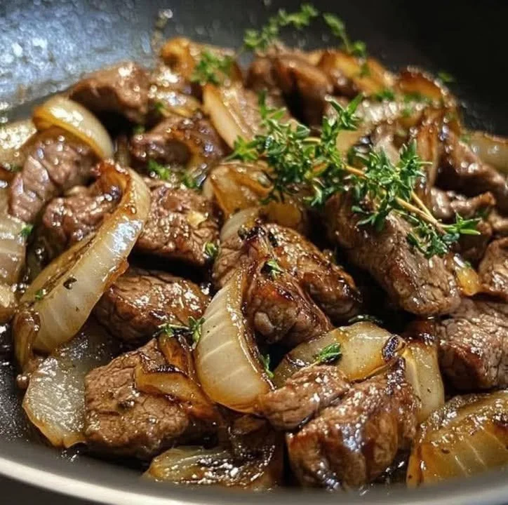 Tender beef strips sautéed with caramelized onions served on a plate.