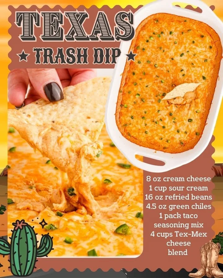 Delicious Texas trash dip served in a bowl with chips on the side.