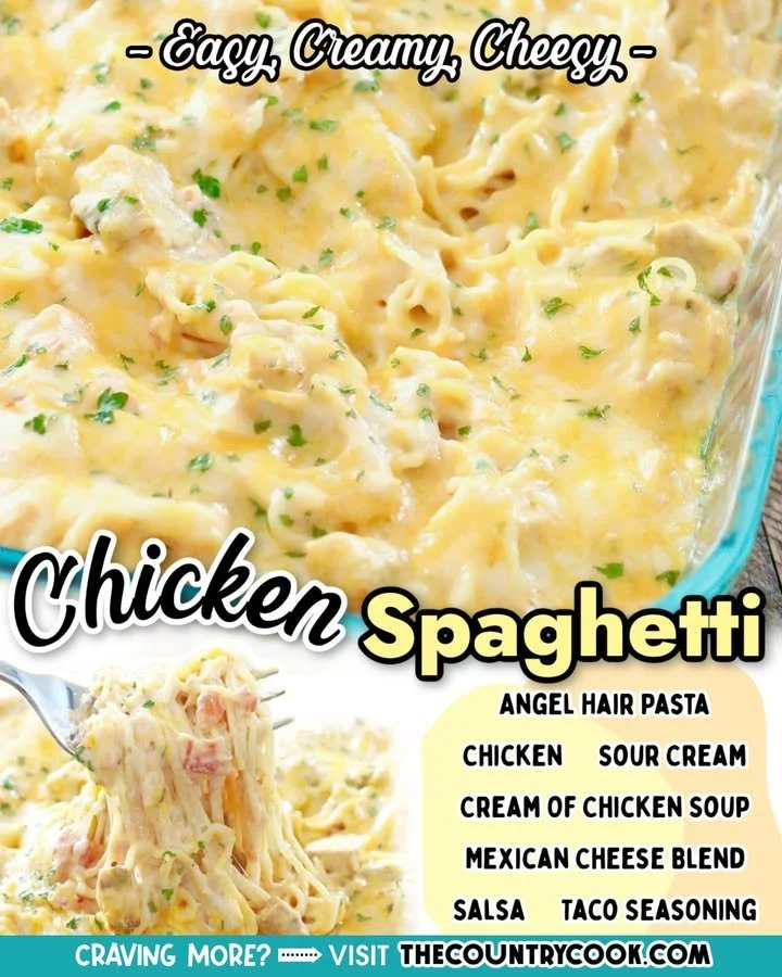 Delicious chicken spaghetti topped with cheese and herbs in a serving bowl