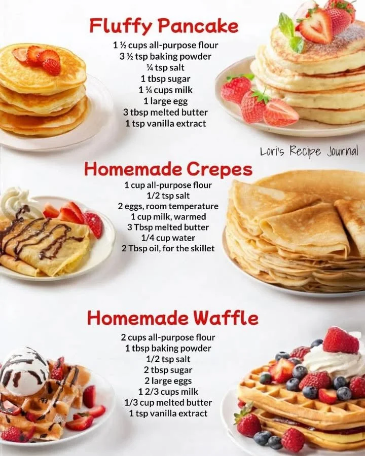 A delicious breakfast trio featuring pancakes, crepes, and waffles served with syrup and berries.