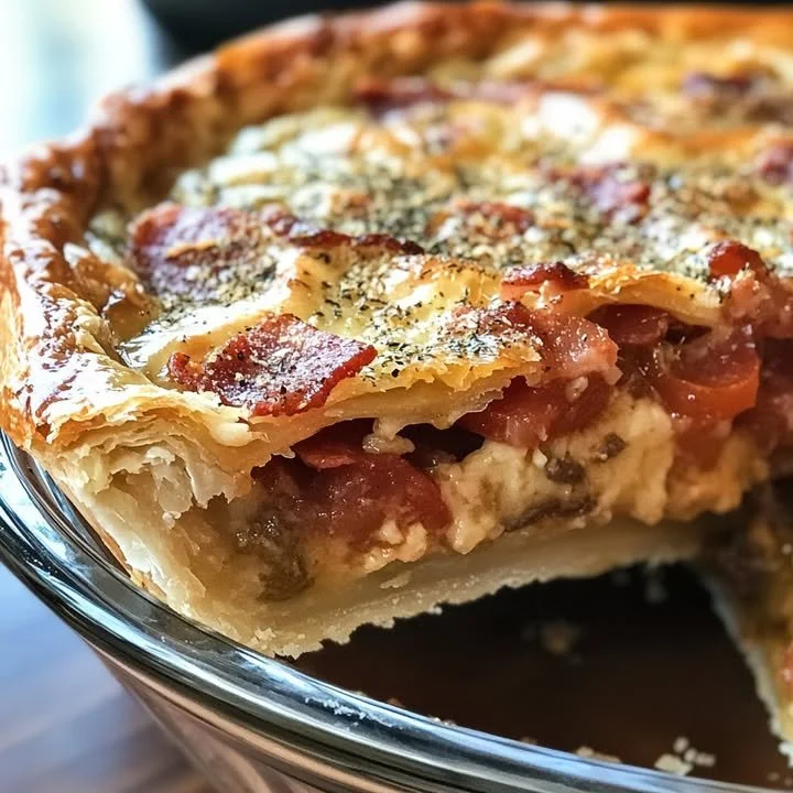 Delicious comfort pie made with tomato, bacon, and a surprise twist