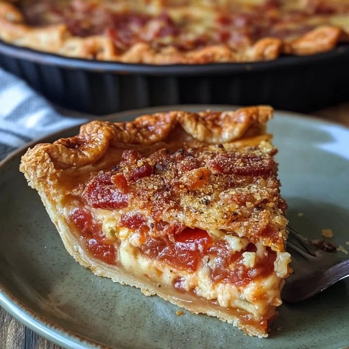 Delicious Tomato Bacon Pie topped with fresh ingredients and crispy bacon
