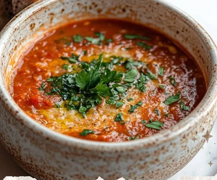 Bowl of homemade Tomato Bread Soup with fresh herbs and crusty bread