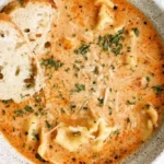 Bowl of Tomato Tortellini Soup with fresh basil and parmesan