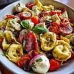 Colorful Tortellini Antipasto Salad with various vegetables and dressing