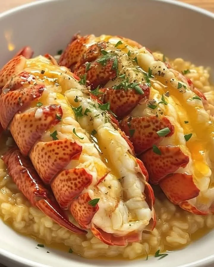 Creamy Lemon Butter Lobster Risotto topped with fresh herbs and lobster pieces.
