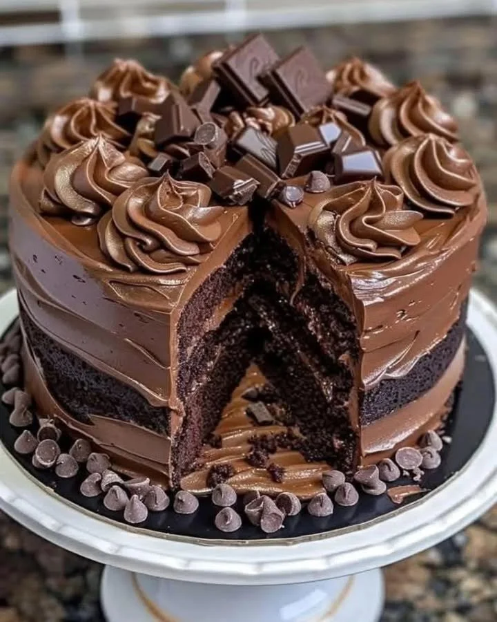 Delicious Triple Chocolate Cake with layers of rich chocolate frosting