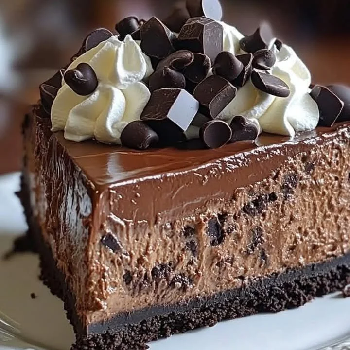 Slice of triple chocolate cheesecake topped with chocolate shavings on a plate