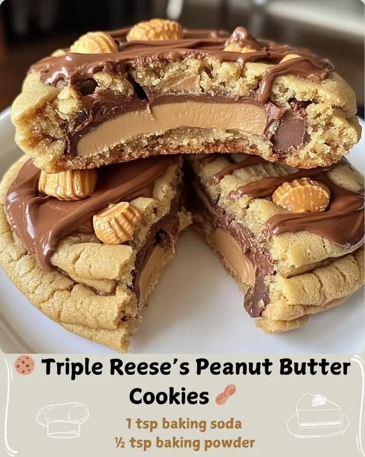 Triple Reese’s Peanut Butter Cookies stacked on a plate