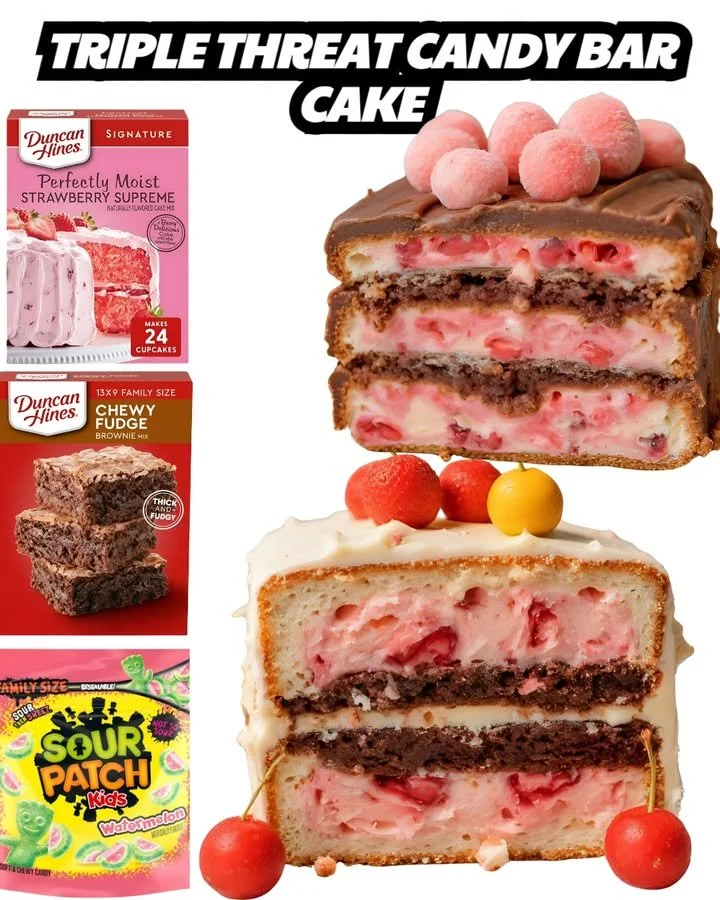 Triple Threat Candy Bar Cake loaded with chocolate and candy bars