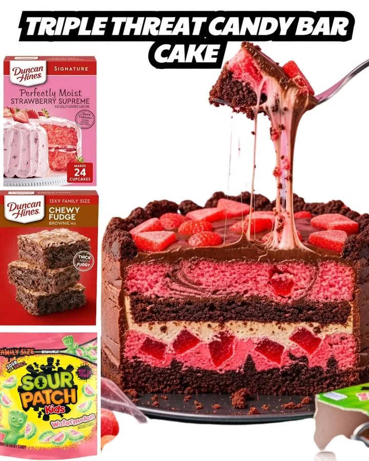 Triple Threat Candy Bar Cake with layers of chocolate and assorted candies