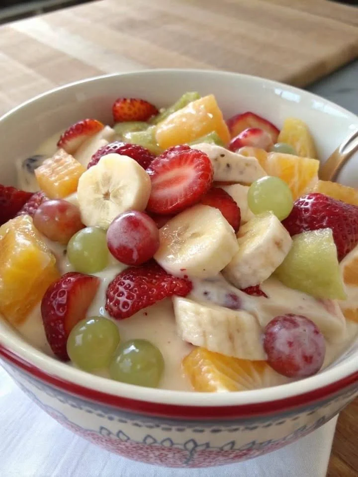 Delicious tropical fruit salad drizzled with sweet cream dressing served in a bowl.