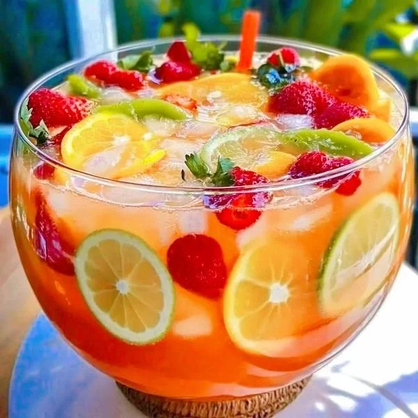 Tropical fruit summer punch bowl filled with colorful fruits and ice
