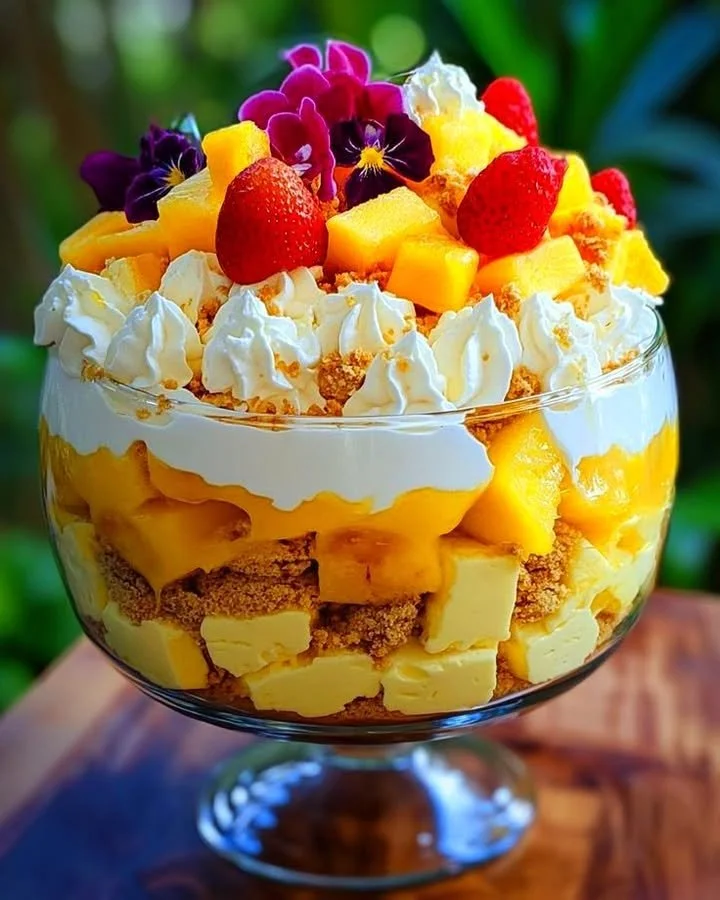 Tropical Mango Strawberry Cheesecake Trifle dessert with layers of cheesecake, mango, and strawberries.