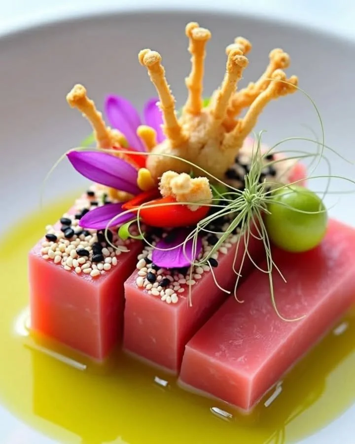 Tuna cubes garnished with colorful edible flowers for a gourmet touch.