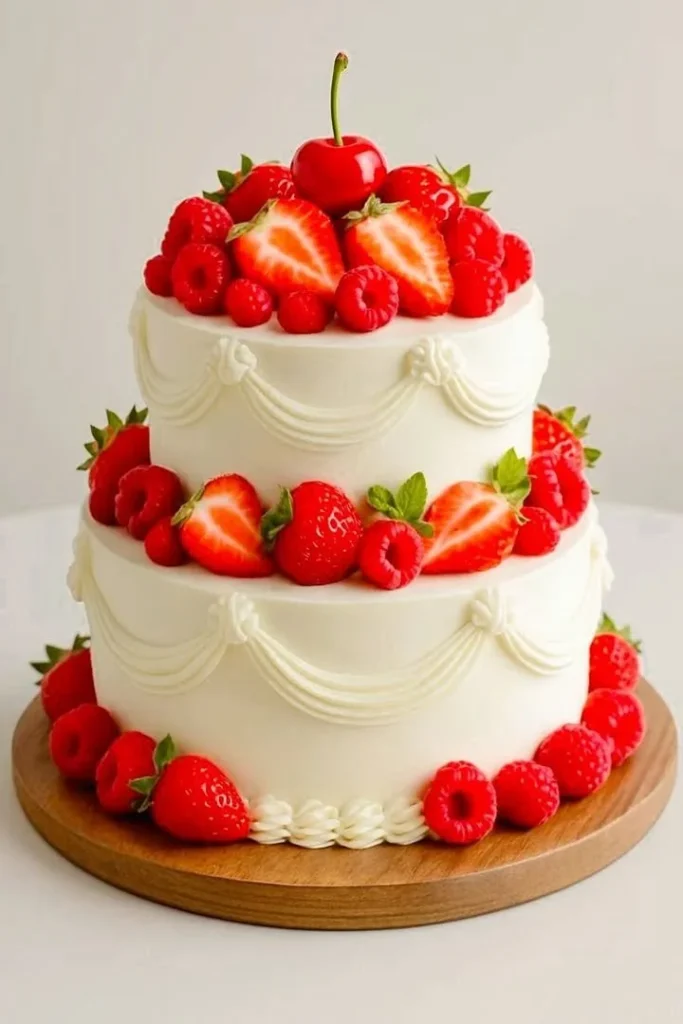 Beautiful two-tier vanilla berry cake decorated with fresh berries and creamy frosting