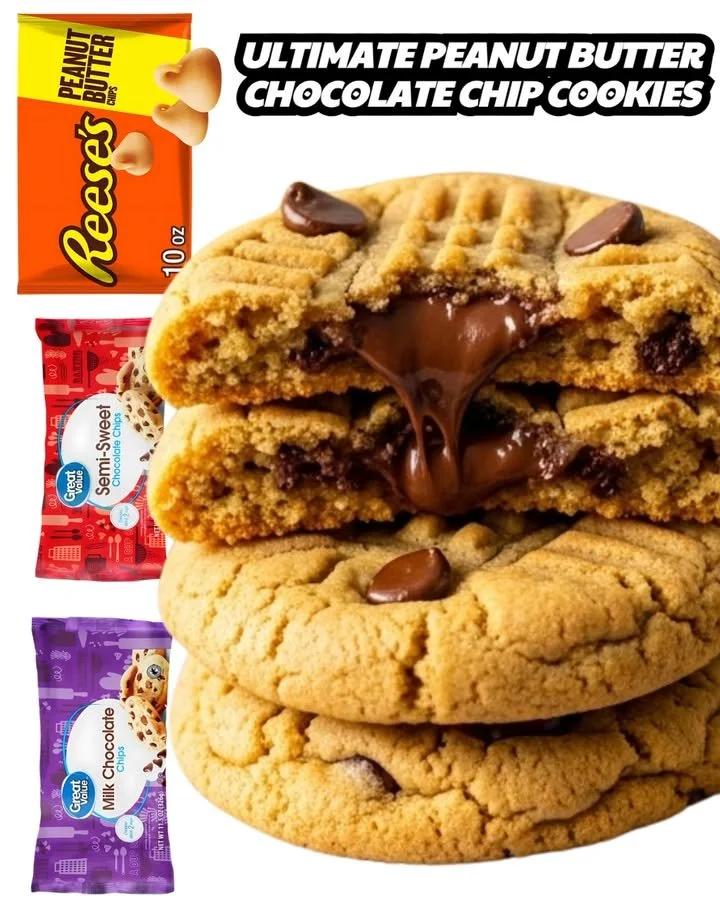 Ultimate peanut butter chocolate chip cookies stacked on a plate.