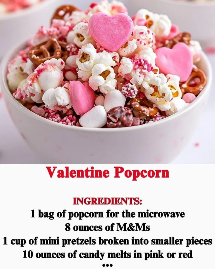 Valentine Popcorn with heart-shaped sprinkles and pink candy melts
