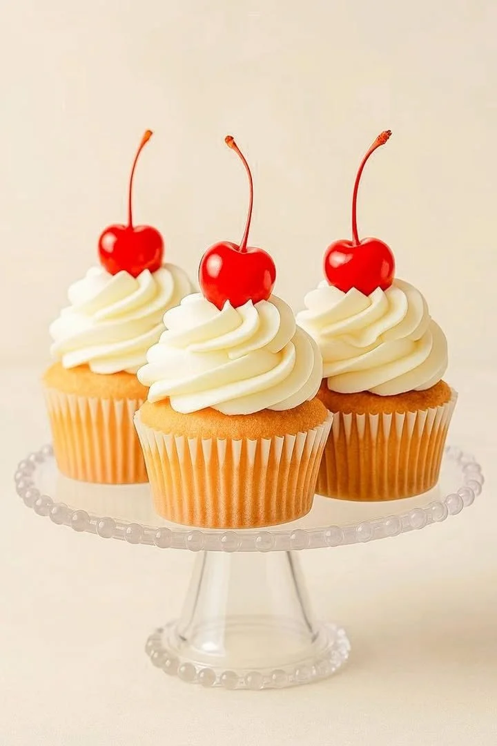 Delicious vanilla cupcakes with a cherry on top, perfect for celebrations