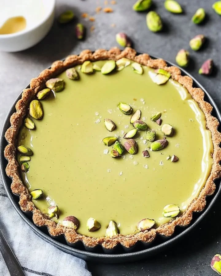 Vegan White Chocolate Pistachio Tart topped with chopped pistachios and vegan chocolate