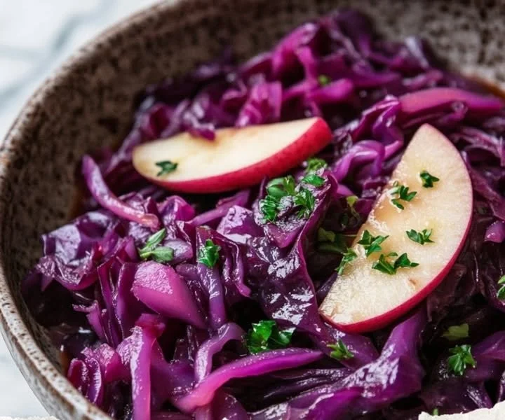 Warm German red cabbage served in a bowl, showcasing vibrant color and texture.