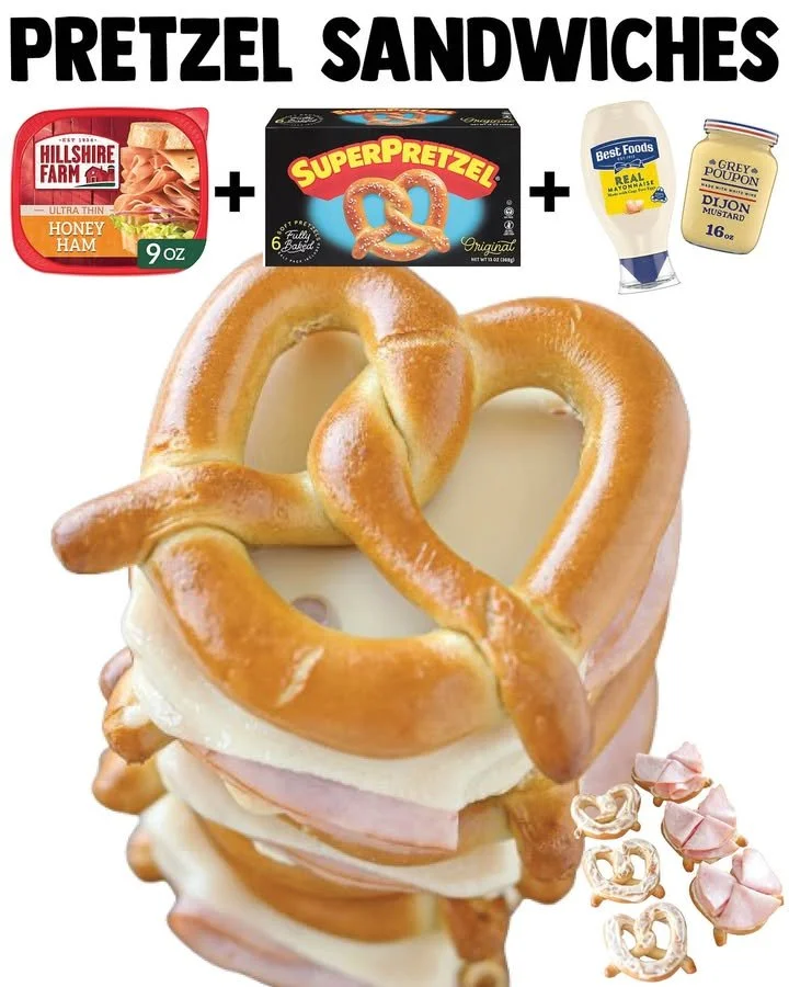 Warm pretzel sandwiches filled with savory ingredients