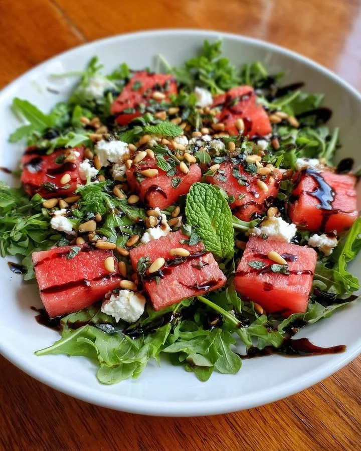 Watermelon feta salad with arugula and balsamic glaze on a plate