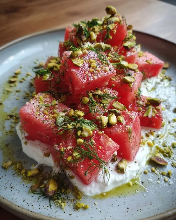 Watermelon Salad with labneh, pistachio, and dill garnished beautifully