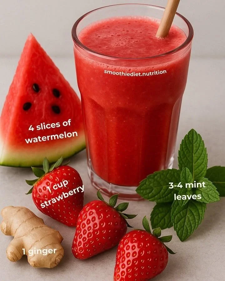 Delicious watermelon strawberry mint ginger smoothie in a glass