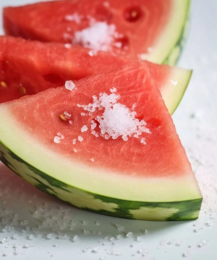 Fresh watermelon slices seasoned with salt for a tasty summer snack