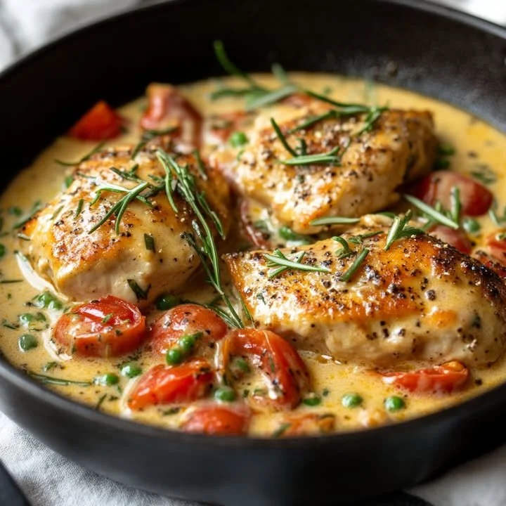 Creamy chicken skillet dish garnished with herbs, perfect for weeknight dinners.