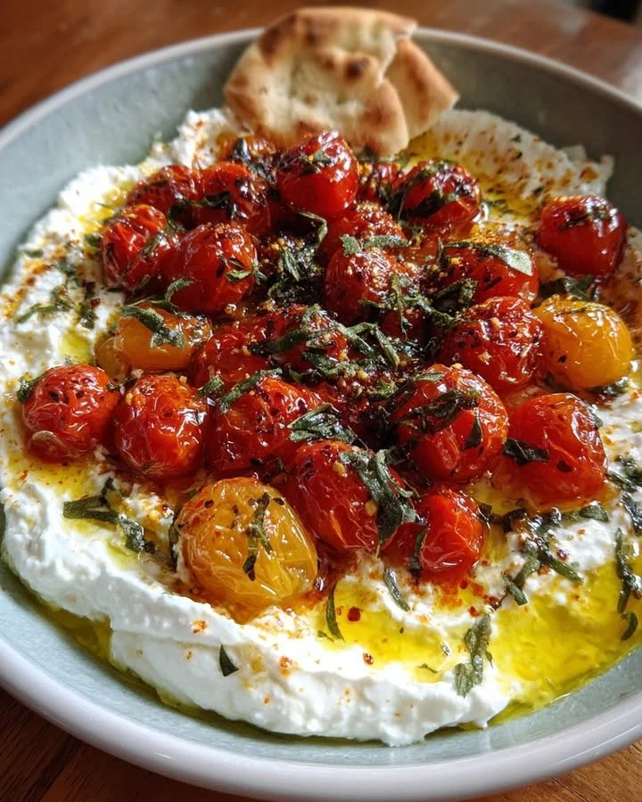 Whipped feta dip with roasted cherry tomatoes and herbs served in a bowl